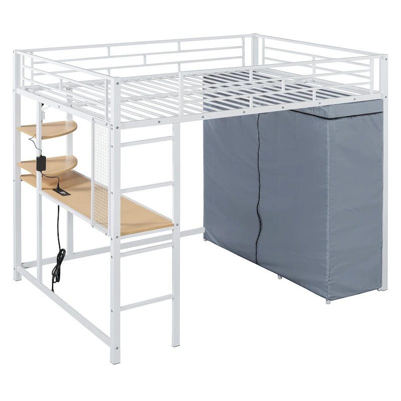 Full Size Loft Metal Bed with Desk,Shelves,Power Outlet,LED Light and Wardrobe