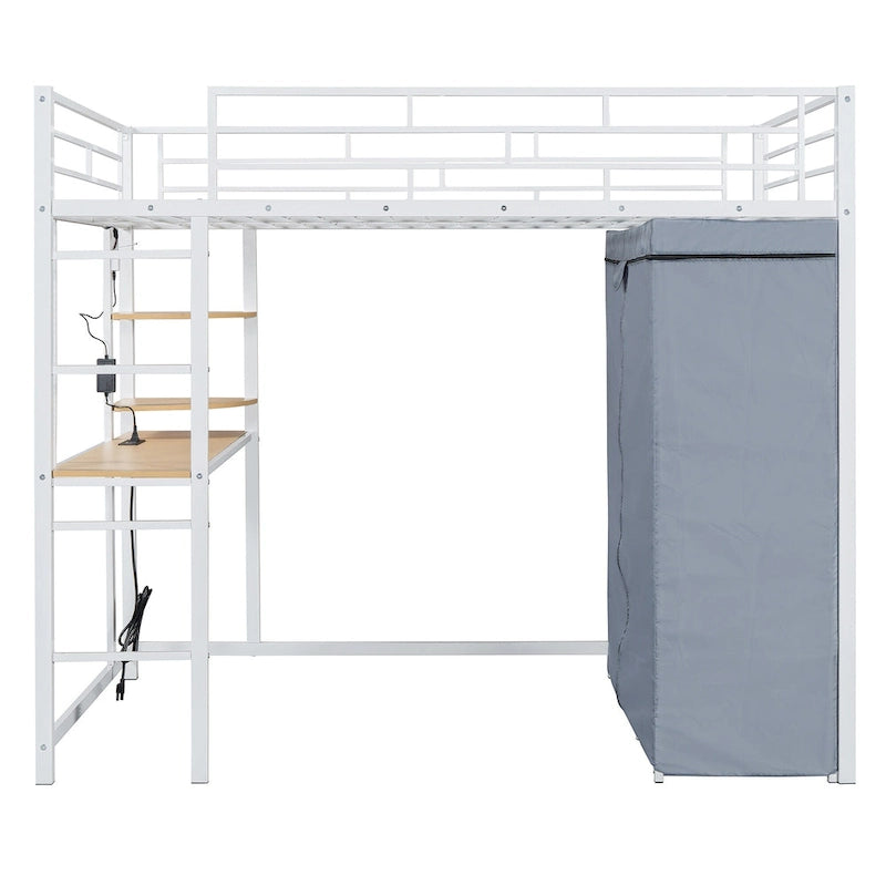 Full Size Loft Metal Bed with Desk,Shelves,Power Outlet,LED Light and Wardrobe