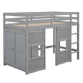 Wood Twin Size Loft Bed with Built-in Storage Wardrobe and 2 Windows