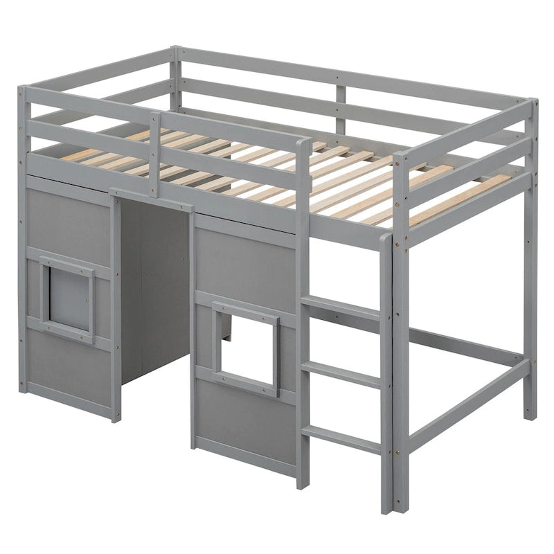 Wood Twin Size Loft Bed with Built-in Storage Wardrobe and 2 Windows