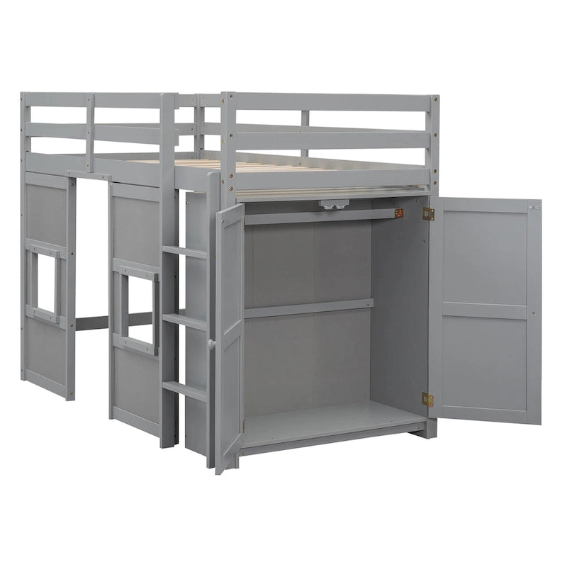 Wood Twin Size Loft Bed with Built-in Storage Wardrobe and 2 Windows