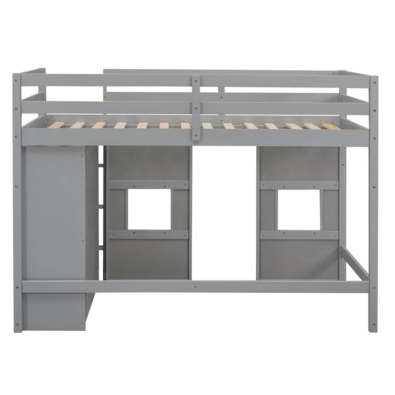 Wood Twin Size Loft Bed with Built-in Storage Wardrobe and 2 Windows