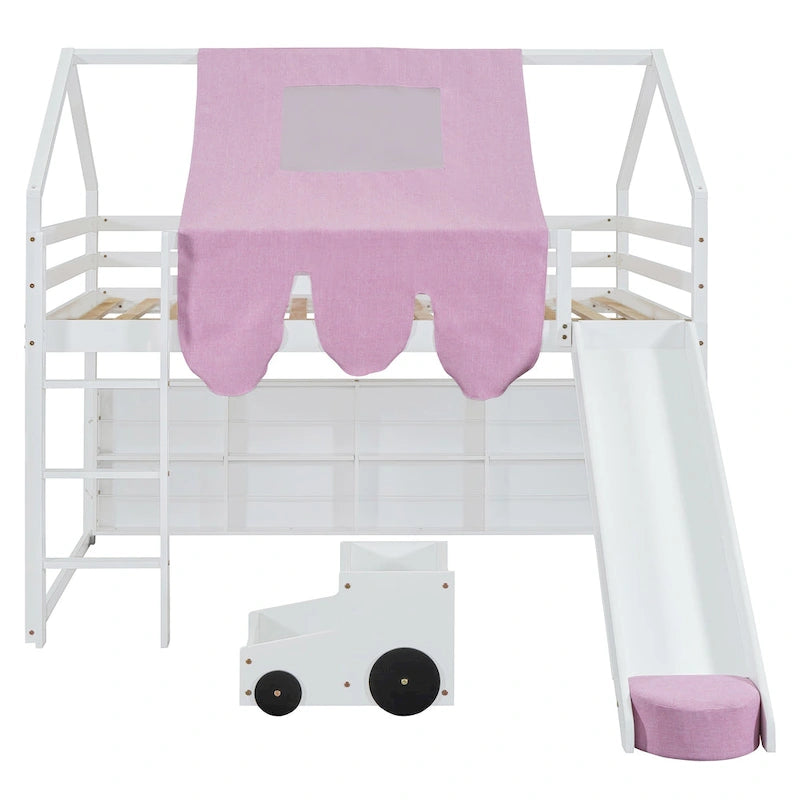 Full size Wooden Loft Bed House-shaped Frame with a Tent