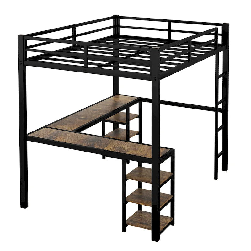Full XL Metal Loft Bed with Desk and Shelves