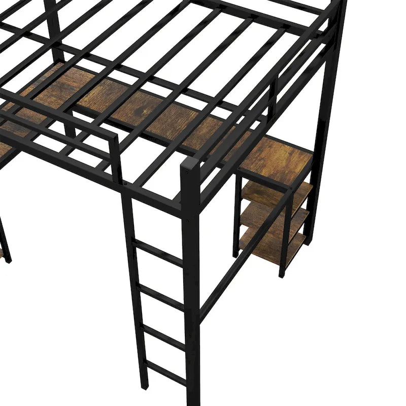 Full XL Metal Loft Bed with Desk and Shelves