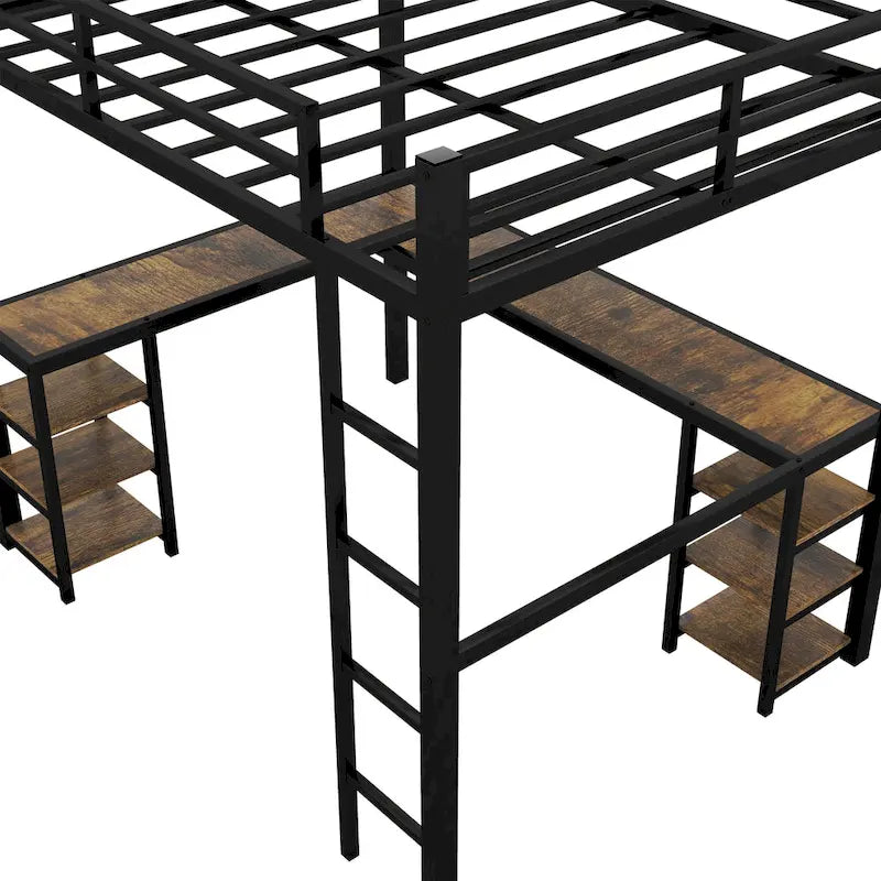 Full XL Metal Loft Bed with Desk and Shelves