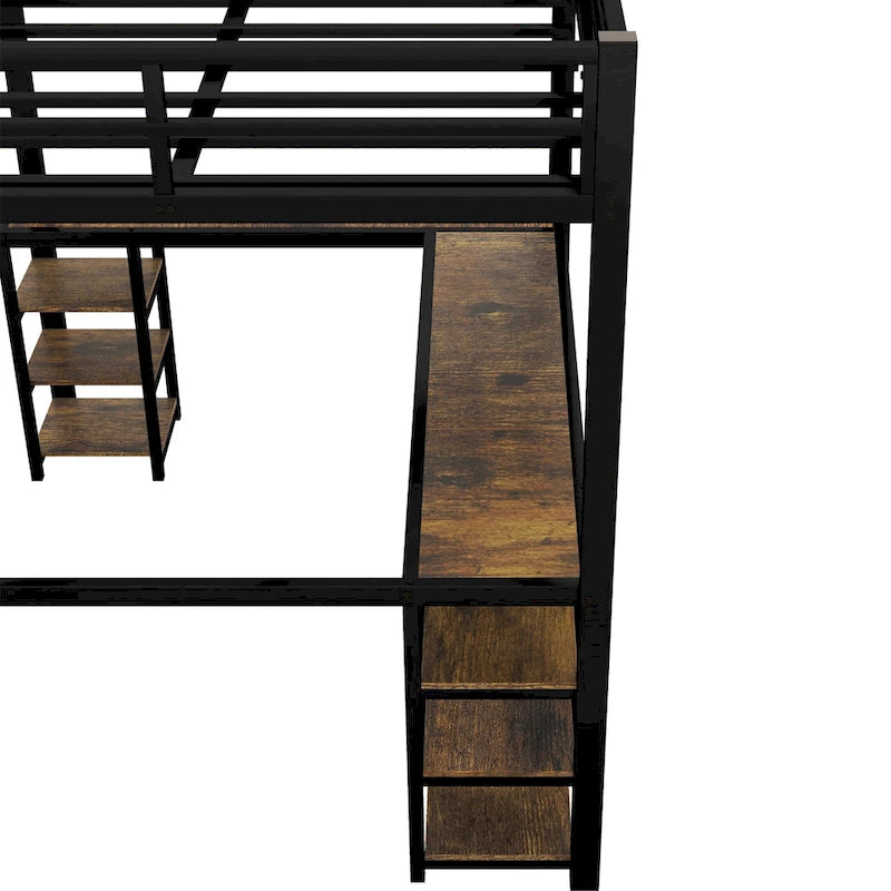 Full XL Metal Loft Bed with Desk and Shelves