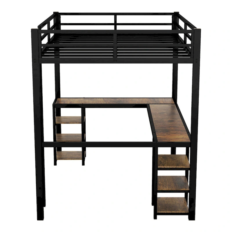 Full XL Metal Loft Bed with Desk and Shelves