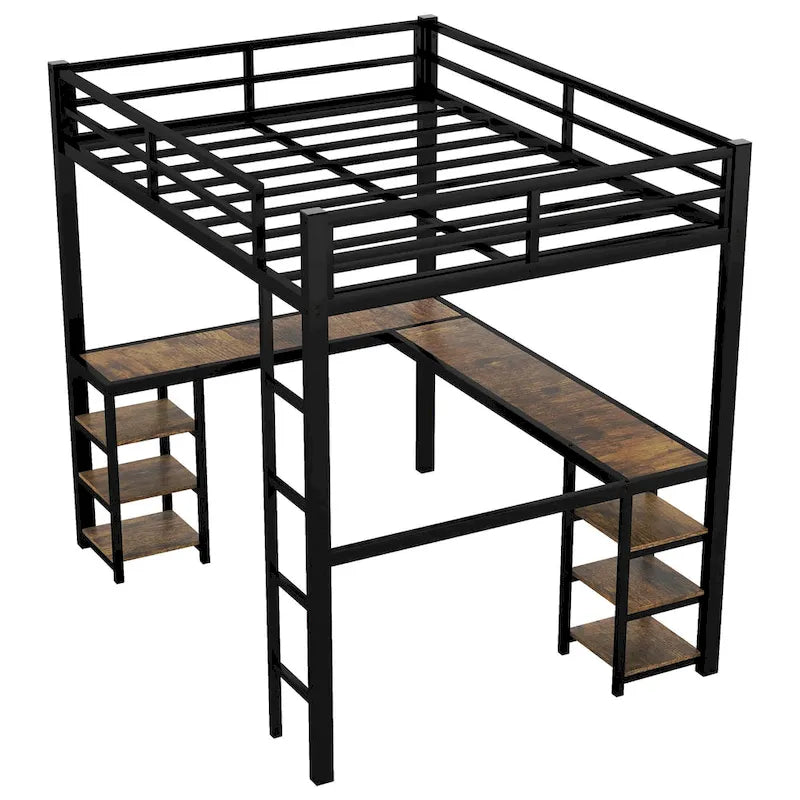 Full XL Metal Loft Bed with Desk and Shelves