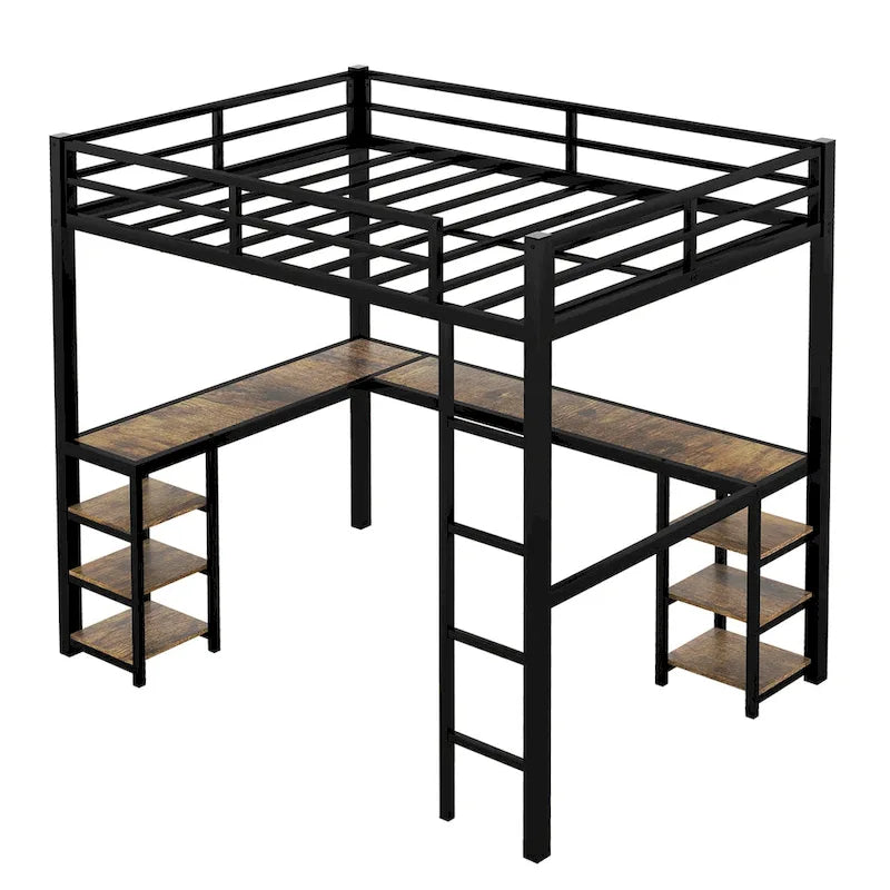 Full XL Metal Loft Bed with Desk and Shelves