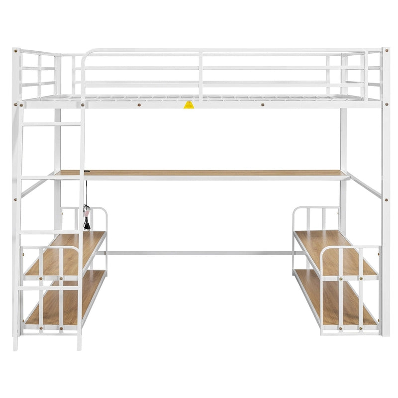 Full Size Metal Loft Bed with Desk, Storage Shelves and Charging Station