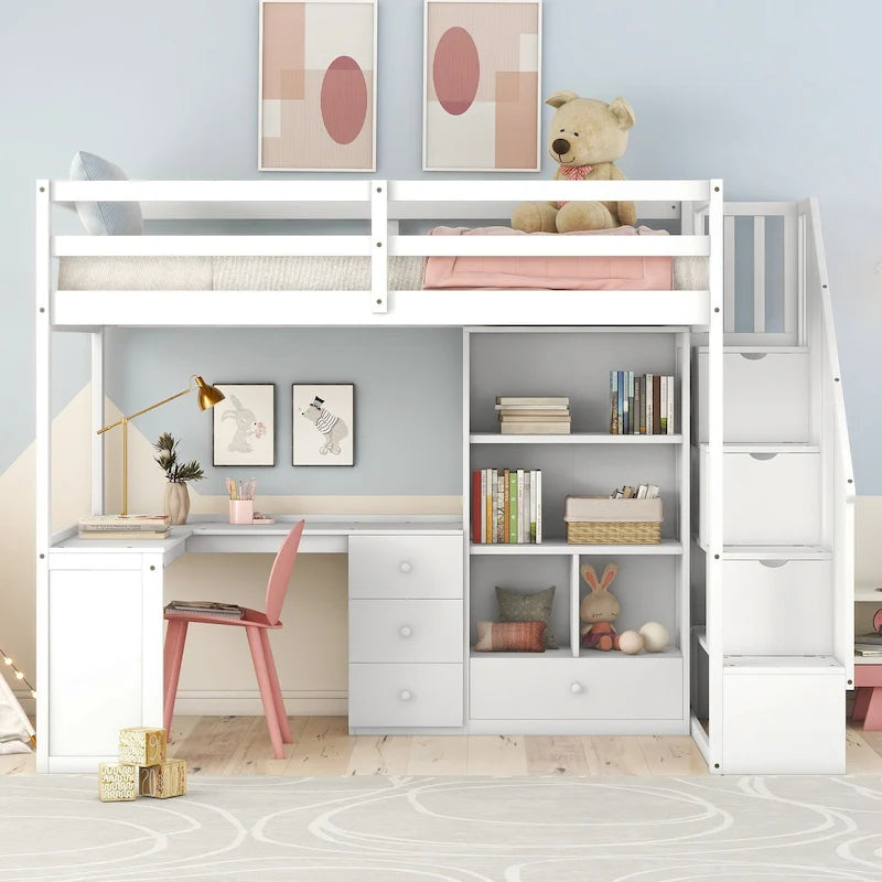 Twin Size Loft Bed with L-Shaped Desk and Drawers, Cabinet and Storage Staircase