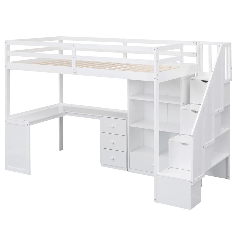 Twin Size Loft Bed with L-Shaped Desk and Drawers, Cabinet and Storage Staircase