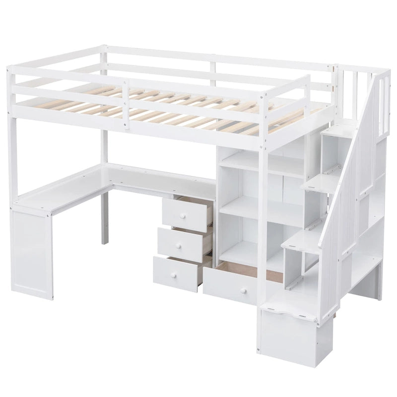 Twin Size Loft Bed with L-Shaped Desk and Drawers, Cabinet and Storage Staircase