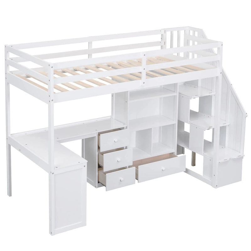 Twin Size Loft Bed with L-Shaped Desk and Drawers, Cabinet and Storage Staircase