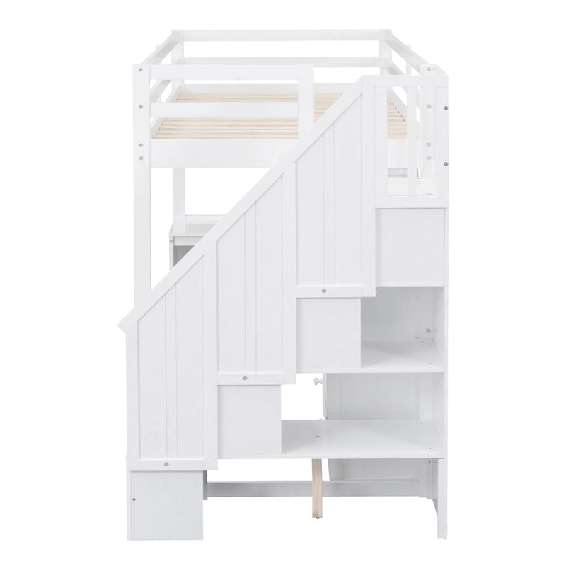 Twin Size Loft Bed with L-Shaped Desk and Drawers, Cabinet and Storage Staircase