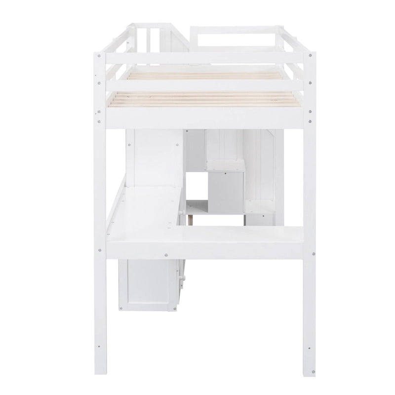 Twin Size Loft Bed with L-Shaped Desk and Drawers, Cabinet and Storage Staircase