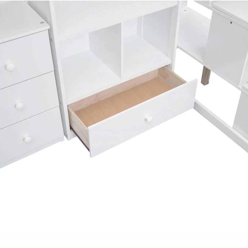 Twin Size Loft Bed with L-Shaped Desk and Drawers, Cabinet and Storage Staircase