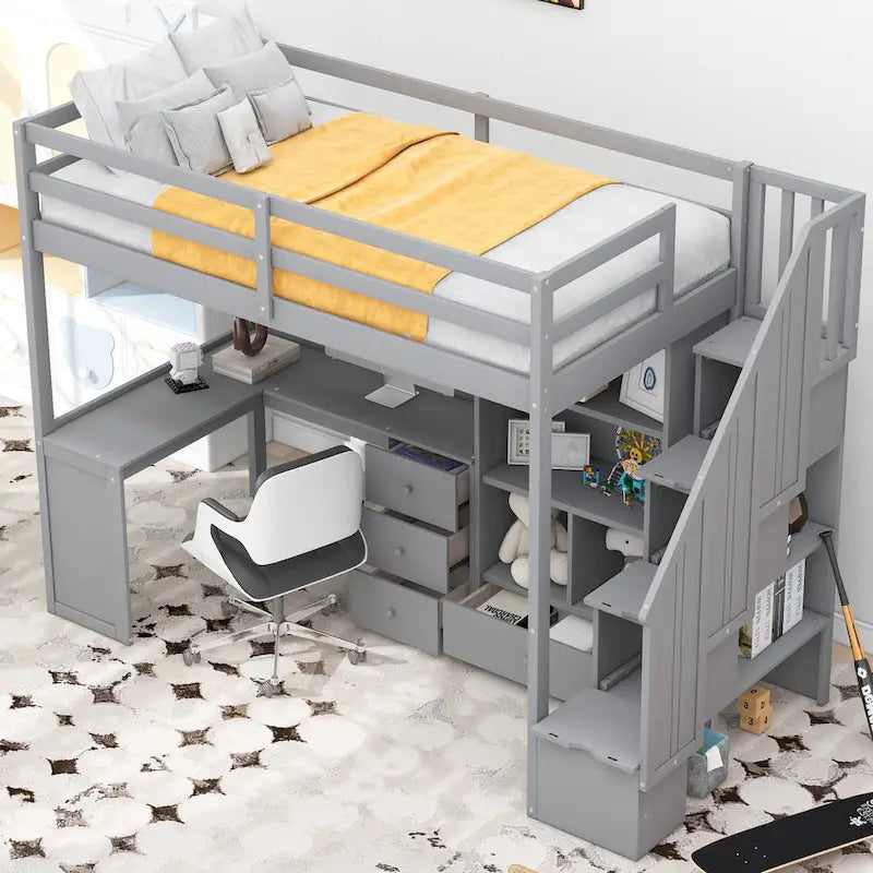 Twin Size Loft Bed with L-Shaped Desk and Drawers, Cabinet and Storage Staircase