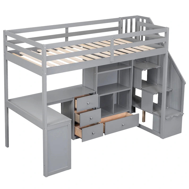 Twin Size Loft Bed with L-Shaped Desk and Drawers, Cabinet and Storage Staircase