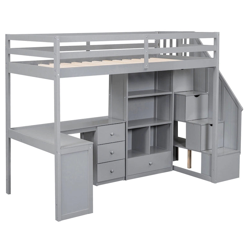 Twin Size Loft Bed with L-Shaped Desk and Drawers, Cabinet and Storage Staircase