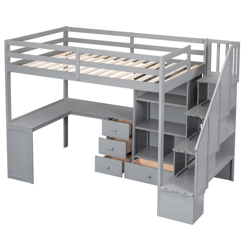 Twin Size Loft Bed with L-Shaped Desk and Drawers, Cabinet and Storage Staircase