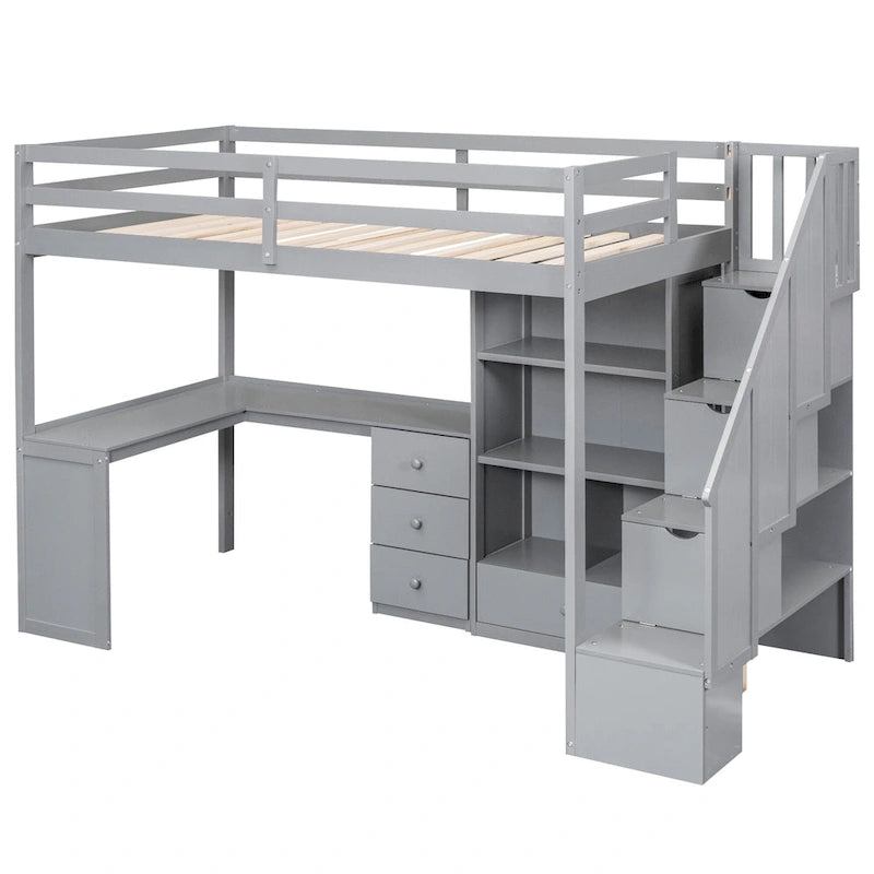 Twin Size Loft Bed with L-Shaped Desk and Drawers, Cabinet and Storage Staircase