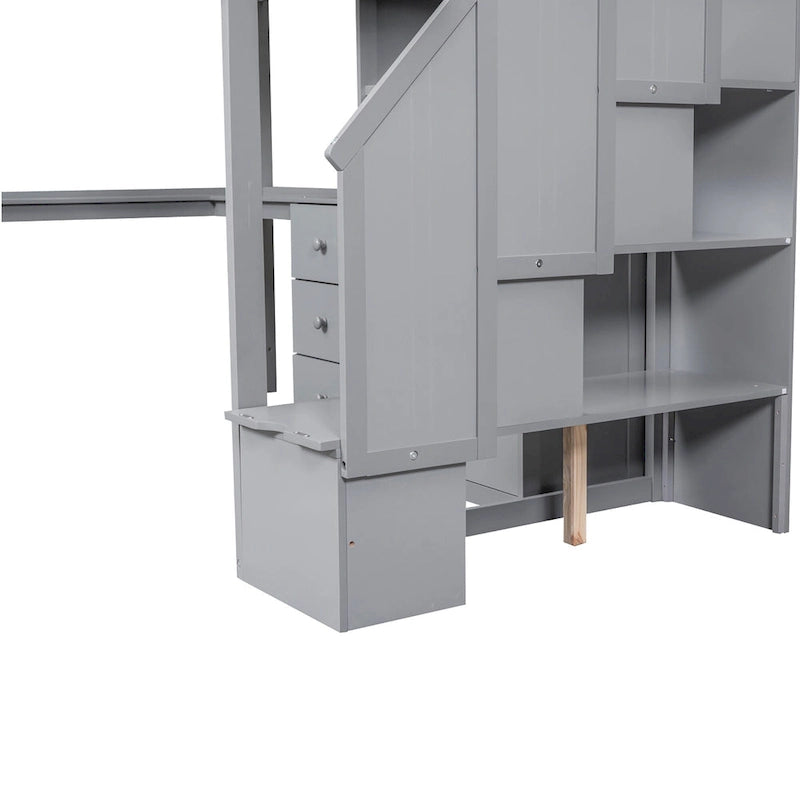 Twin Size Loft Bed with L-Shaped Desk and Drawers, Cabinet and Storage Staircase