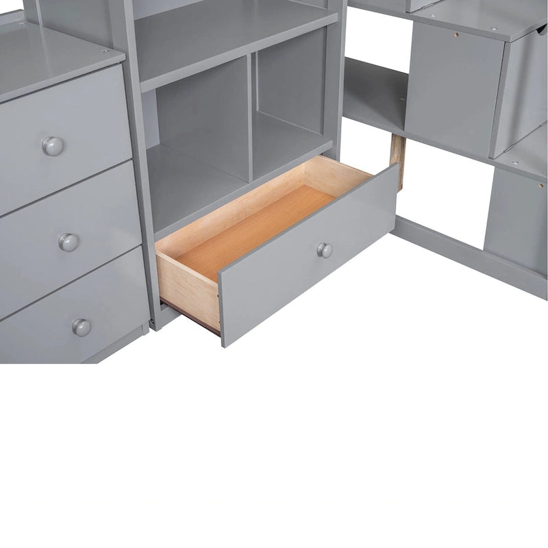 Twin Size Loft Bed with L-Shaped Desk and Drawers, Cabinet and Storage Staircase