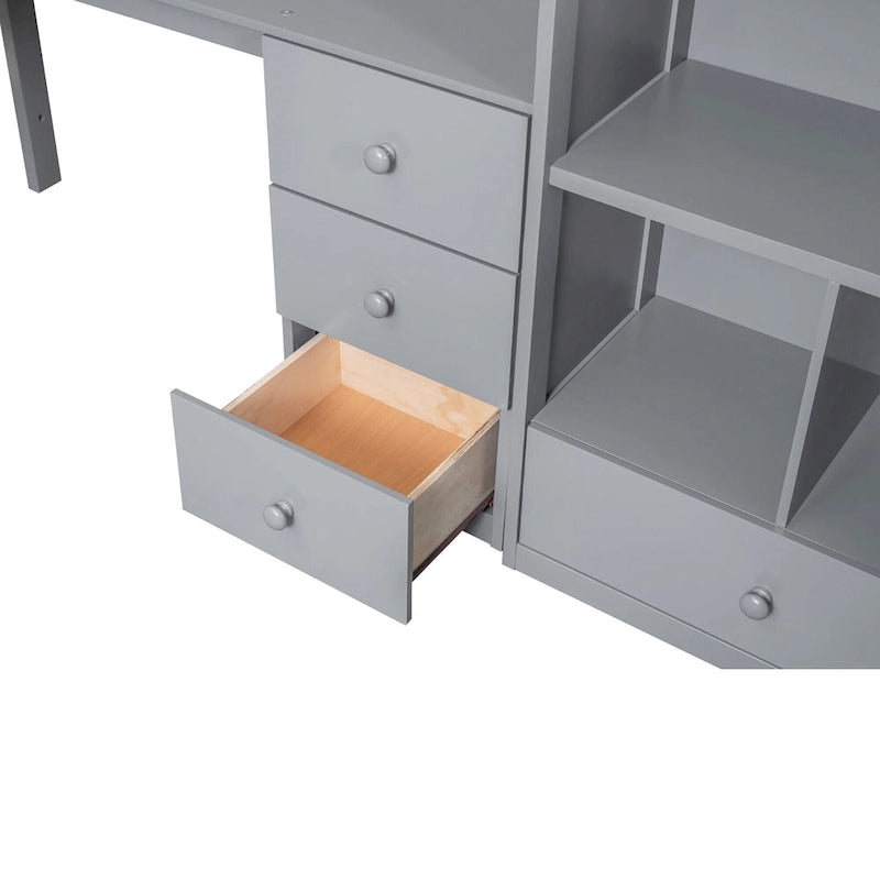 Twin Size Loft Bed with L-Shaped Desk and Drawers, Cabinet and Storage Staircase