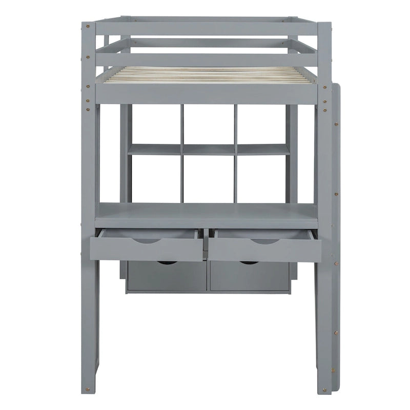Full Size Loft Bed with large shelves, writing desk and LED Light