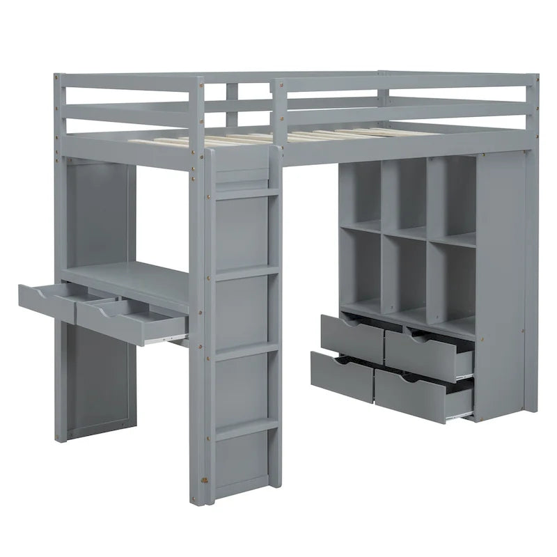 Full Size Loft Bed with large shelves, writing desk and LED Light