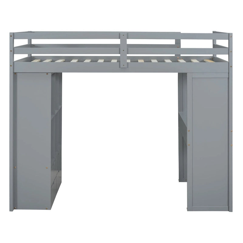 Full Size Loft Bed with large shelves, writing desk and LED Light