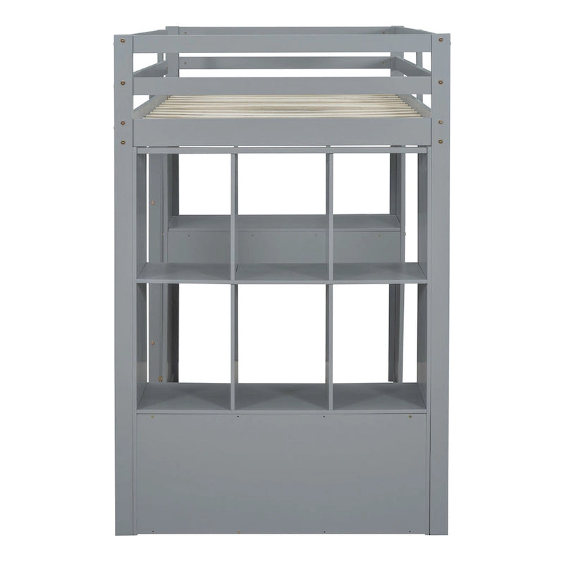 Full Size Loft Bed with large shelves, writing desk and LED Light