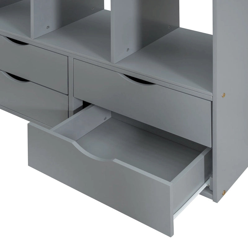 Full Size Loft Bed with large shelves, writing desk and LED Light
