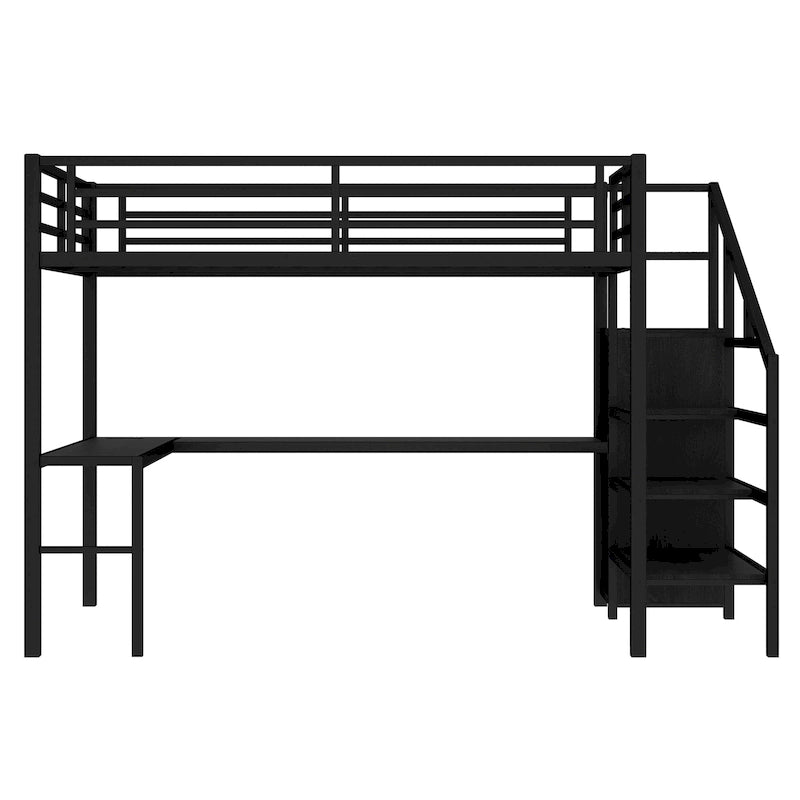 Full Size Loft Bed with L-shaped Desk and USB
