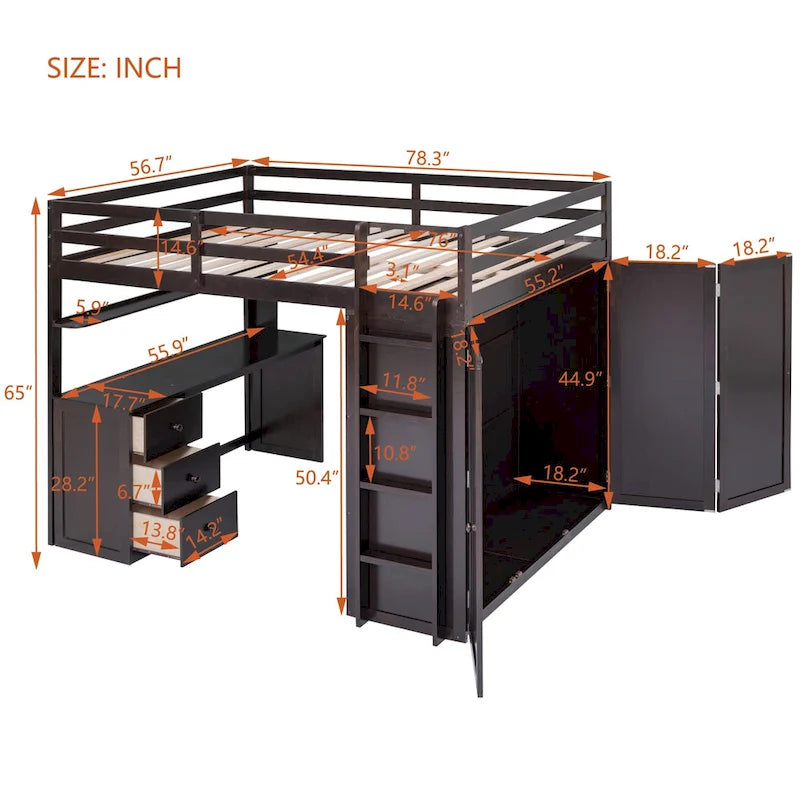 Full size Loft Bed with Drawers,Desk,and Wardrobe