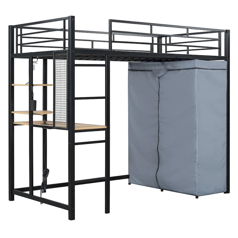 Twin Size Loft Metal Bed with Desk,Shelves,Power Outlet,LED Light and Wardrobe