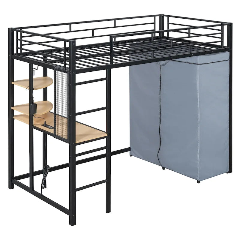 Twin Size Loft Metal Bed with Desk,Shelves,Power Outlet,LED Light and Wardrobe