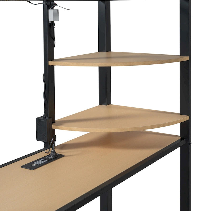 Twin Size Loft Metal Bed with Desk,Shelves,Power Outlet,LED Light and Wardrobe