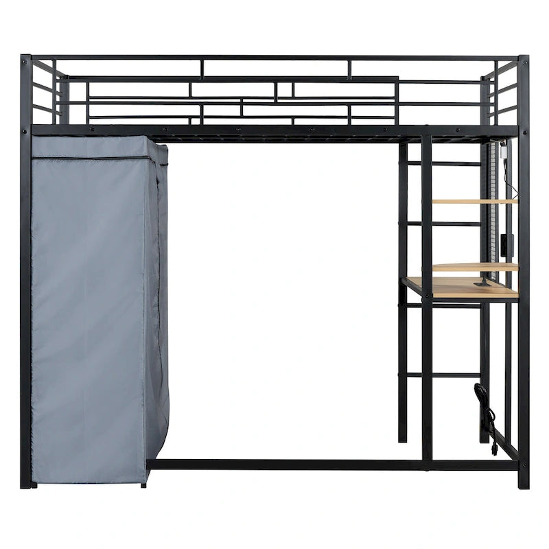 Twin Size Loft Metal Bed with Desk,Shelves,Power Outlet,LED Light and Wardrobe