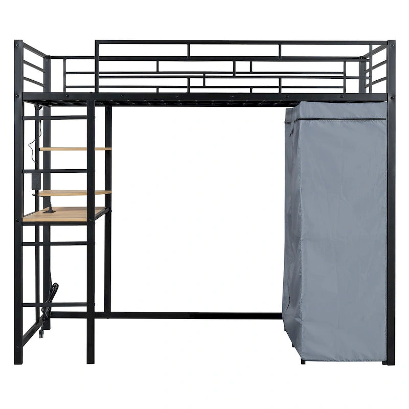 Twin Size Loft Metal Bed with Desk,Shelves,Power Outlet,LED Light and Wardrobe