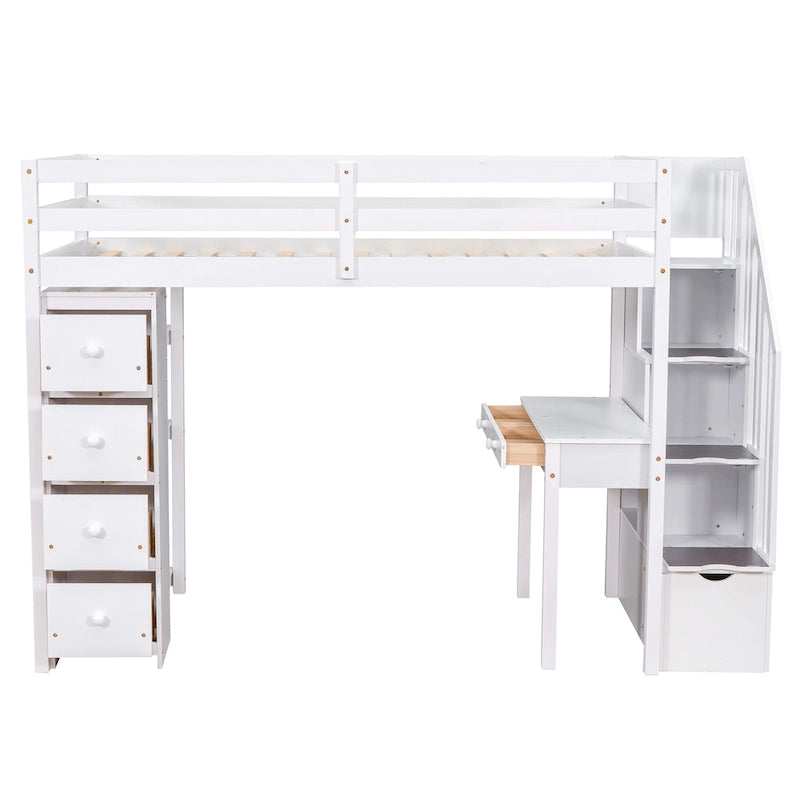 Twin size Loft Bed with Storage Drawers ,Desk and Stairs, Wooden Loft Bed with Shelves