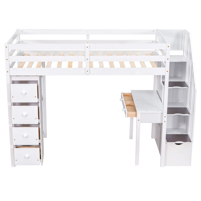 Twin size Loft Bed with Storage Drawers ,Desk and Stairs, Wooden Loft Bed with Shelves