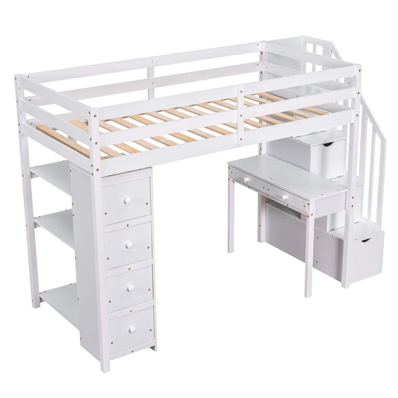 Twin size Loft Bed with Storage Drawers ,Desk and Stairs, Wooden Loft Bed with Shelves