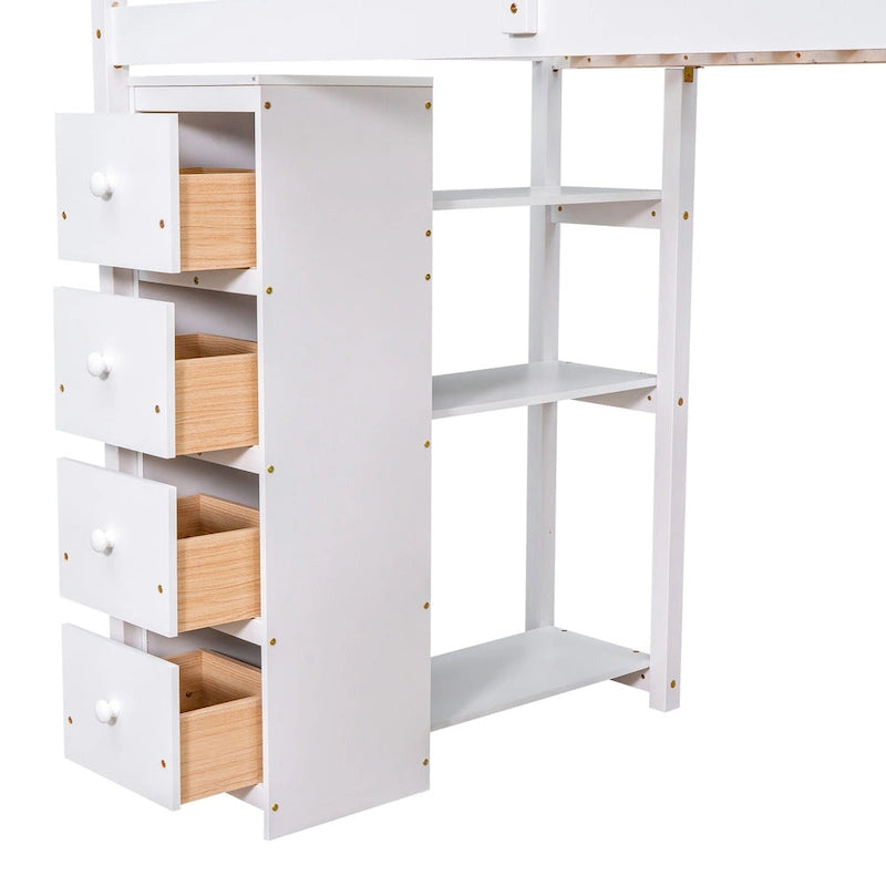 Twin size Loft Bed with Storage Drawers ,Desk and Stairs, Wooden Loft Bed with Shelves