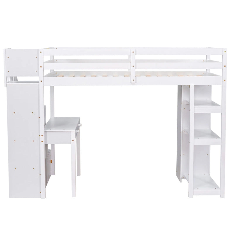Twin size Loft Bed with Storage Drawers ,Desk and Stairs, Wooden Loft Bed with Shelves