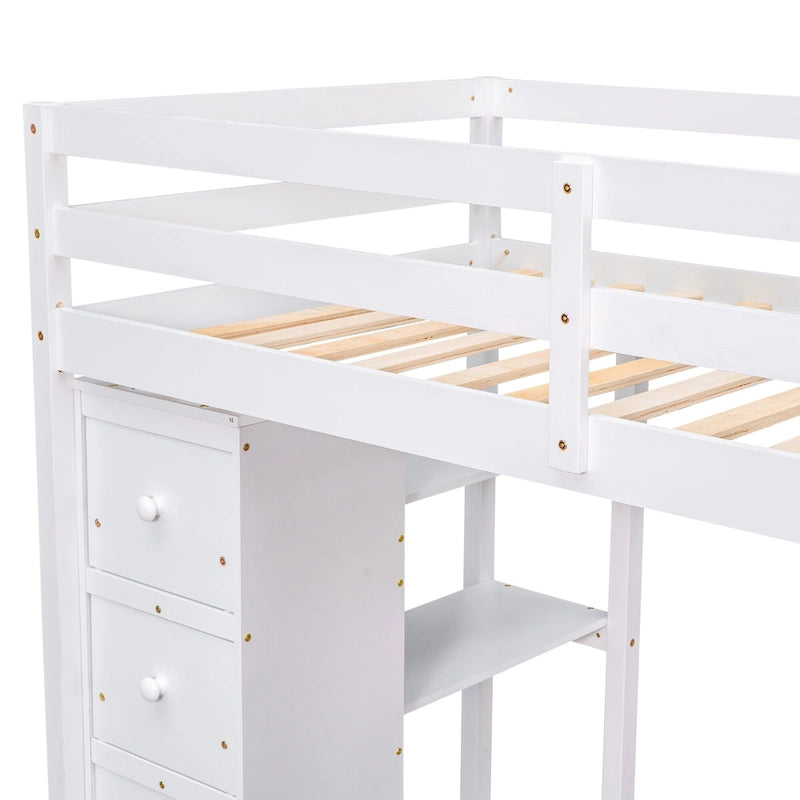 Twin size Loft Bed with Storage Drawers ,Desk and Stairs, Wooden Loft Bed with Shelves