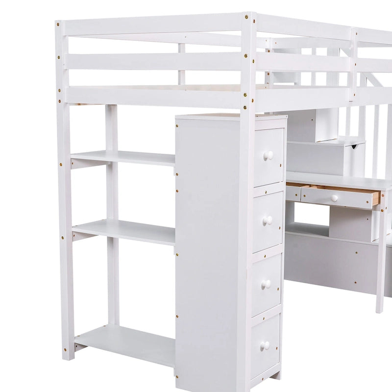 Twin size Loft Bed with Storage Drawers ,Desk and Stairs, Wooden Loft Bed with Shelves