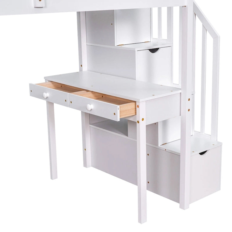 Twin size Loft Bed with Storage Drawers ,Desk and Stairs, Wooden Loft Bed with Shelves